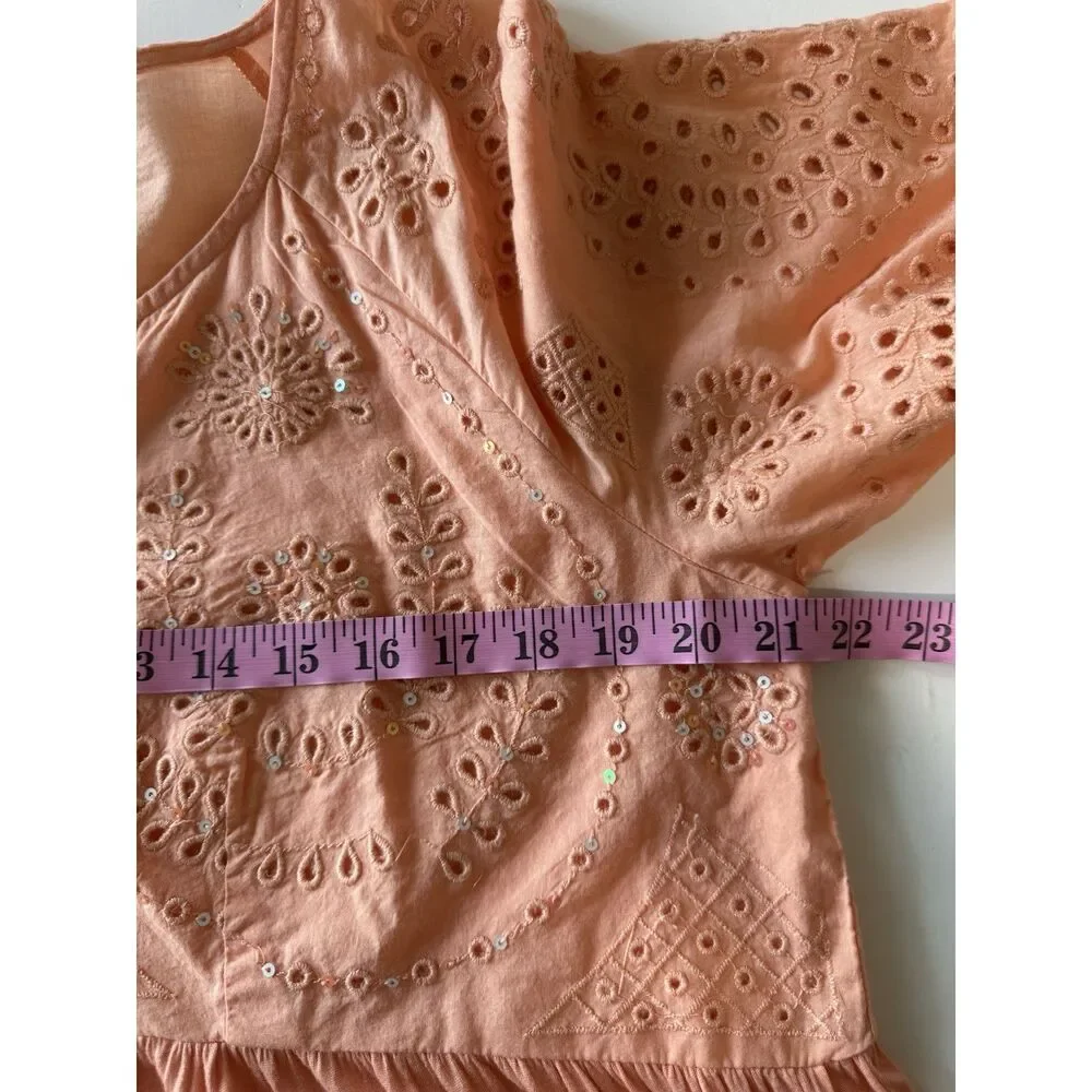 Free People Sea Of Love Tunic Top Peach Eyelet Bell Sleeve Blouse Boho Sequin Lg